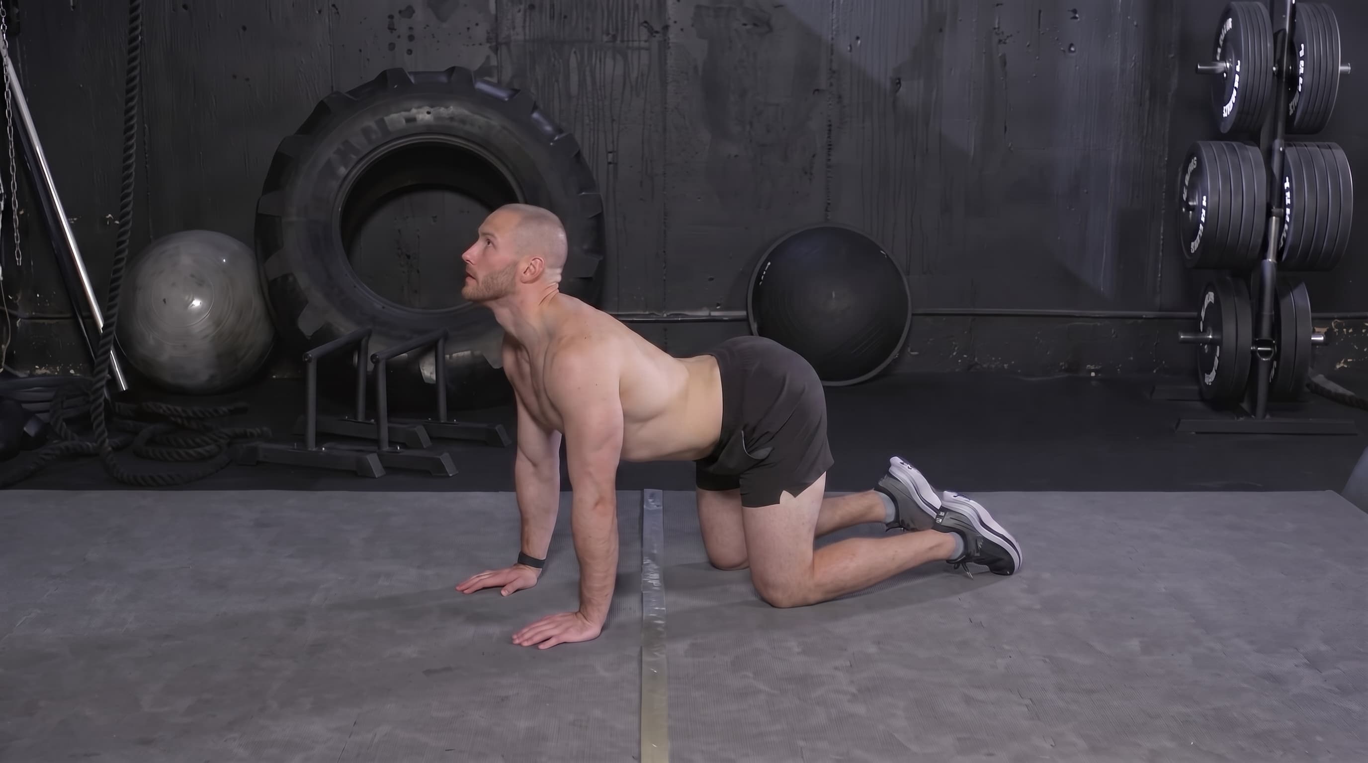 A lifter on all fours in the rounded cat position, spine flexed from tailbone to skull