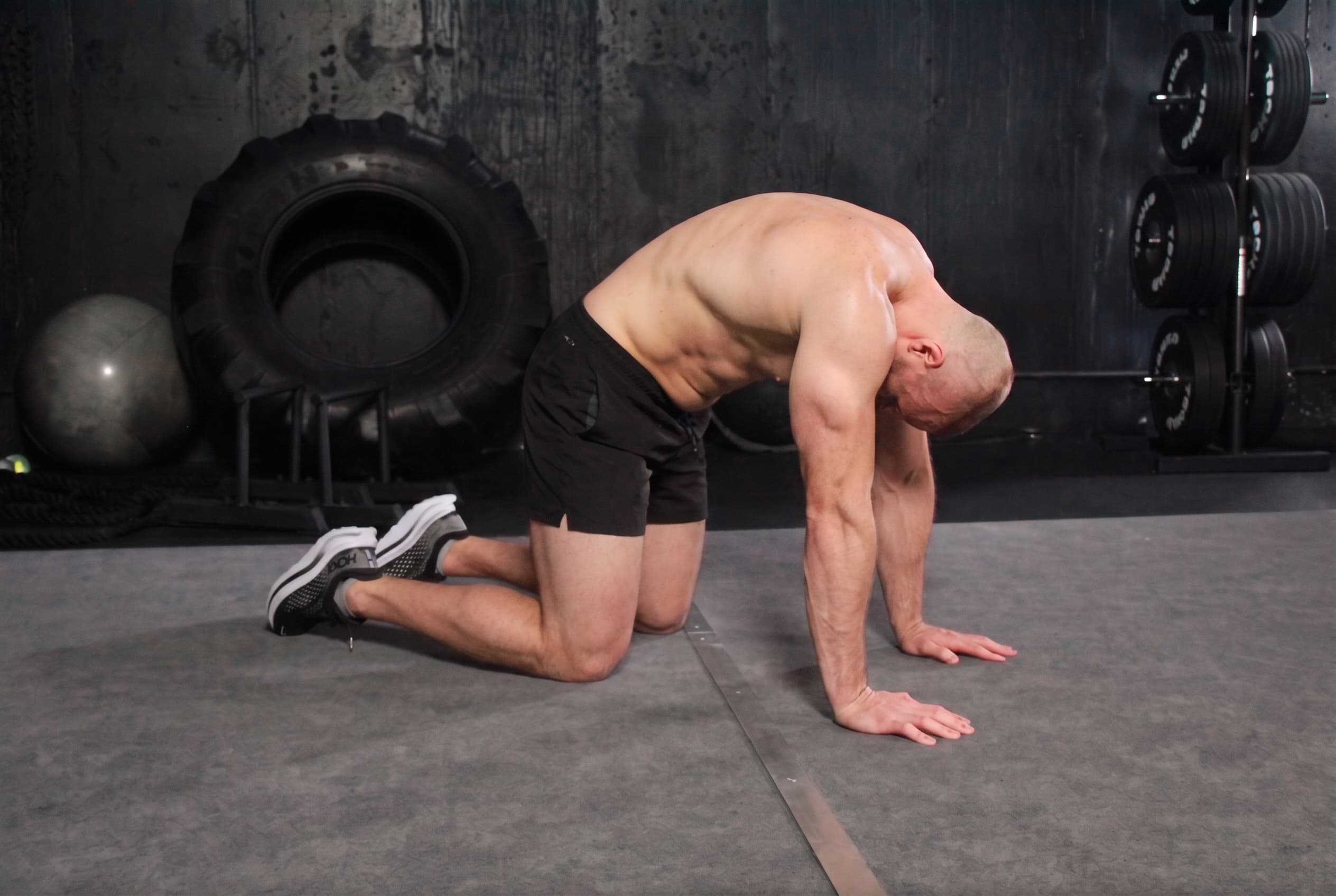 Cat position — back rounded high, head tucked, shoulder blades spread wide